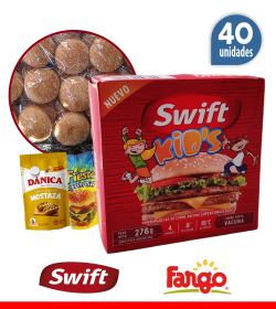 40 Hamburguesas Swift Kids 69 grs 100% carne + 40 panes Fargo + 2 aderezos