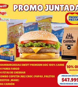 ¡¡¡PROMO JUNTADA!!! 24 HAMBURGUESAS SWIFT 100% CARNE PARRILLERAS+PANES+24 FETAS DE CHEDDAR +COMBO COPETIN+5KG CARBON