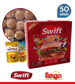 50 Hamburguesas Swift Kids 69 grs 100% carne + 50 panes Fargo + 2 aderezos