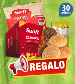 Hamburguesas Swift 100% carne vacuna clásica x80Grs x30u + Pan + Aderezo + Regalo