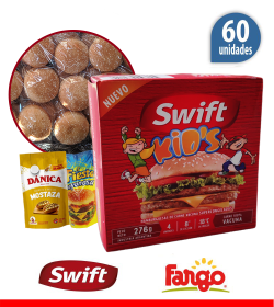 60 Hamburguesas Swift Kids 69 grs 100% carne + 60 panes Fargo + 2 aderezos