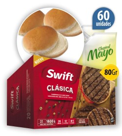 Hamburguesas Swift 100% carne vacuna Clásica 80 Grs x60u + Pan + 2 aderezos