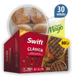 Hamburguesas Swift 100% carne vacuna Clásica x80Grs x30u + Pan fargo + aderezo