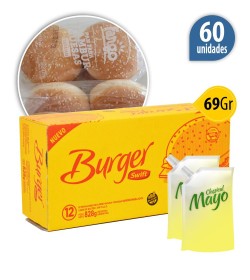 Medallón de carne vacuna  Swift  burguer x69Gr S/ TACC x60u + Pan Fargo + 2 aderezos