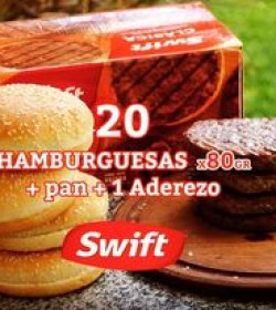 20 HAMBURGUESAS SWIFT 100% CARNE X 80 GR SIN TACC + PANES FARGO + ADEREZO