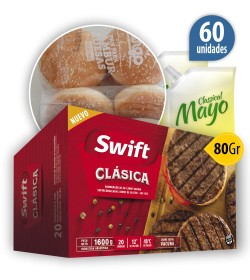 Hamburguesas Swift 100% carne vacuna Clásica  80 Grsx 60u + Pan Fargo + 2 aderezos